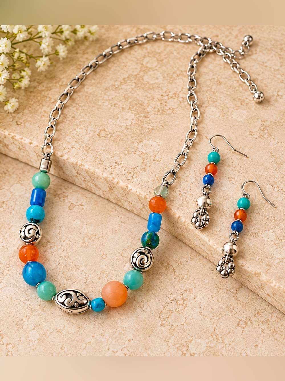 Brighton Contempo Chroma Beaded Multi Color Charm Necklace Earrings Set OS